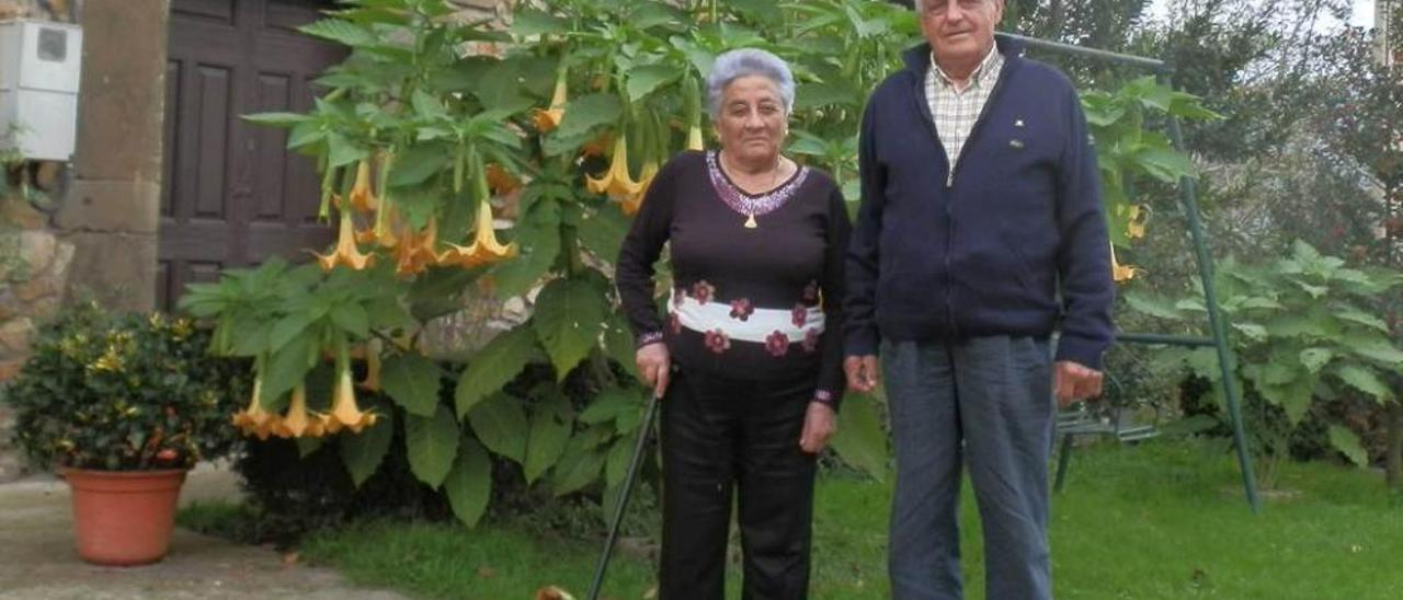 Josefa Llerandi y Ramón Castaño, delante de su casa en Llames de Parres.