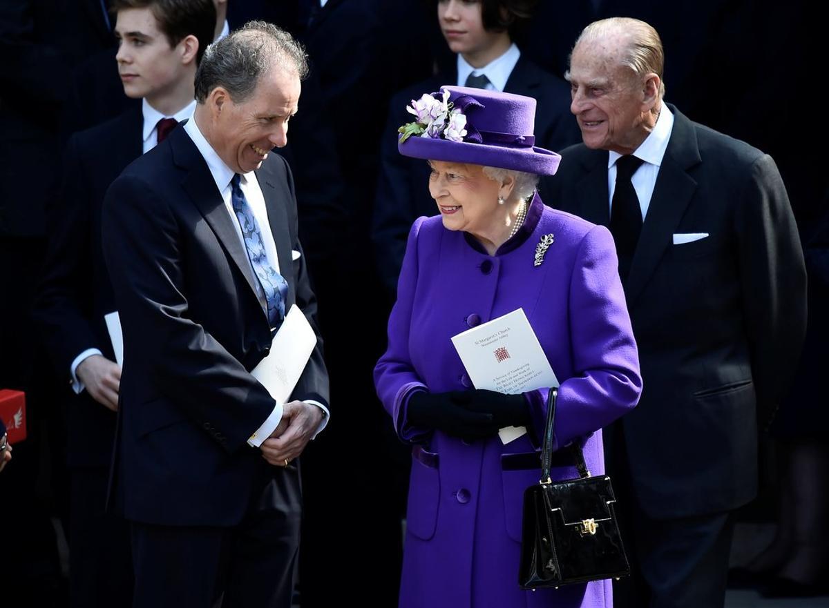 FILE PHOTO: David Armstrong-Jones speak to Britain’s Queen Elizabeth and Prince Philip as they leave a Service of Thanksgiving for the life and work of Lord Snowdon at Westminster Abbey in London, Britain, April , 2017. REUTERS/Hannah McKay/File Photo