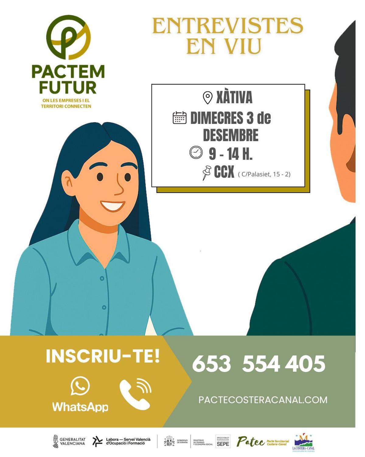 Cartel de la feria de empleo del Pacte Territorial La Costera-Canal, prevista en Xàtiva.