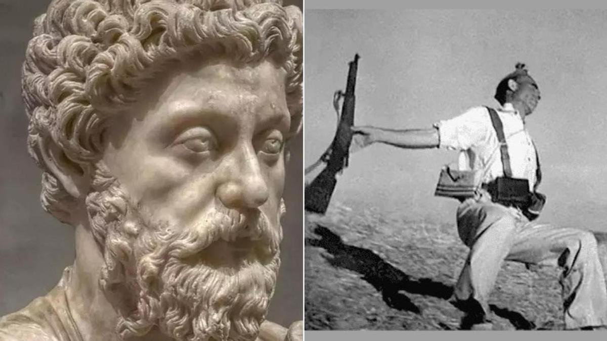 Una escultura de Marco Aurelio y 'Muerte de un miliciano', fotografía de Robert Capa.