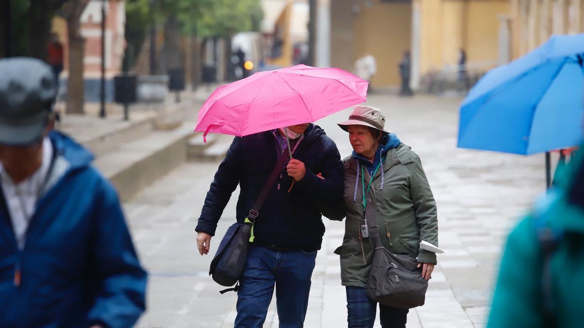Una pareja de turistas se protege de la lluvia.