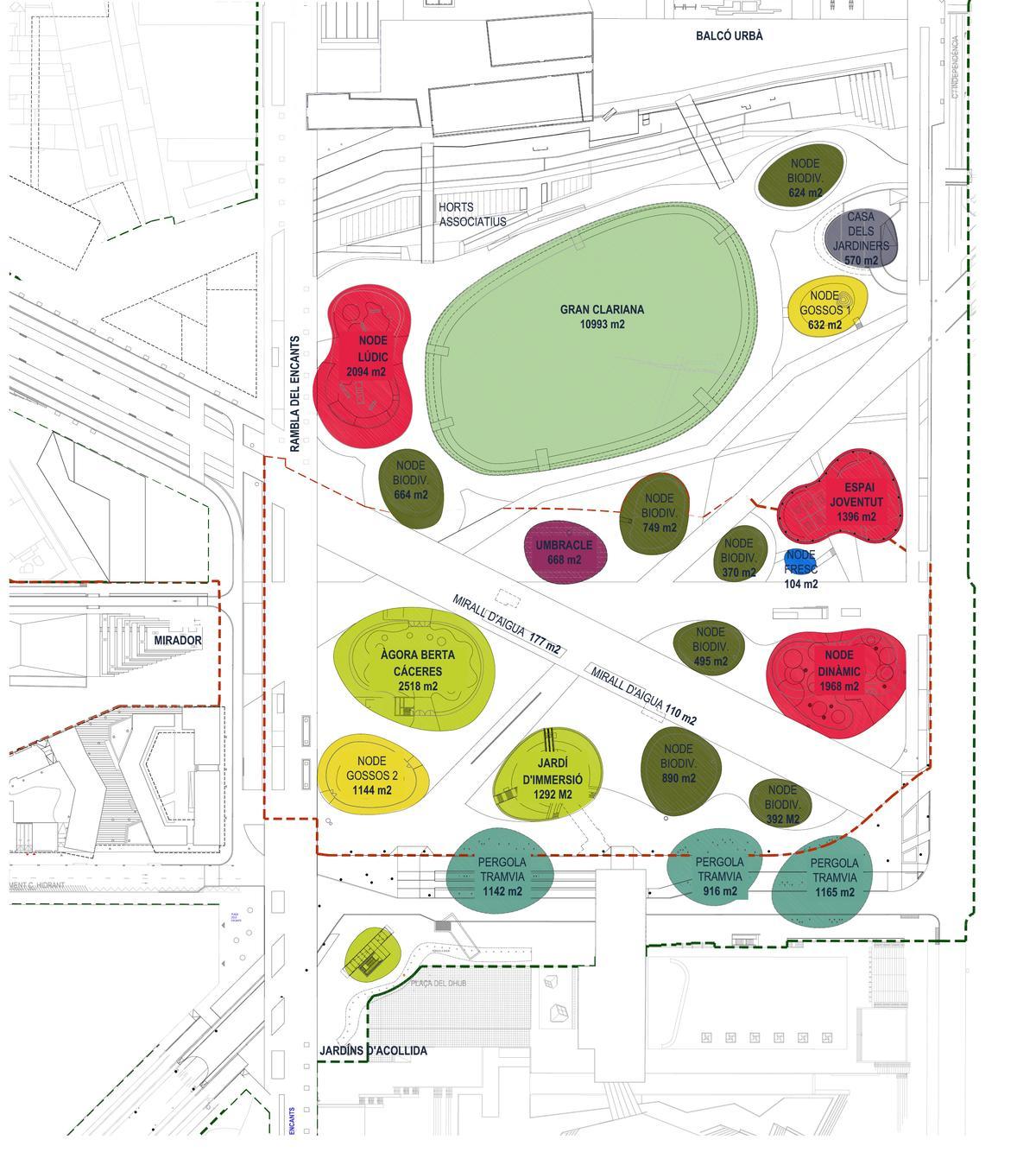 Mapa de distribución de los espacios singulares en el futuro parque completado de Glòries