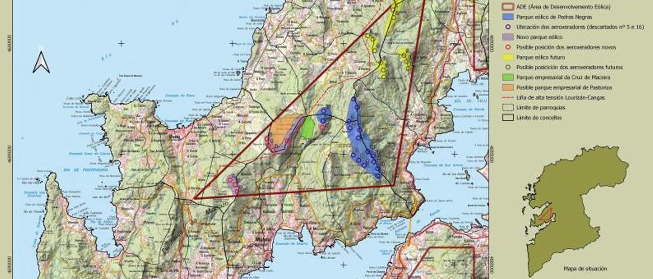 En azul el de Pedras Negras descartado y en violeta y amarillo los nuevos proyectos. |  DEFENSA DOS MONTES