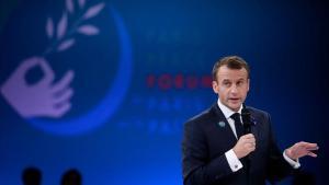 El presidente francés, Emmanuel Macron, durante su discurso en la apertura del Fórum de París por la Paz.