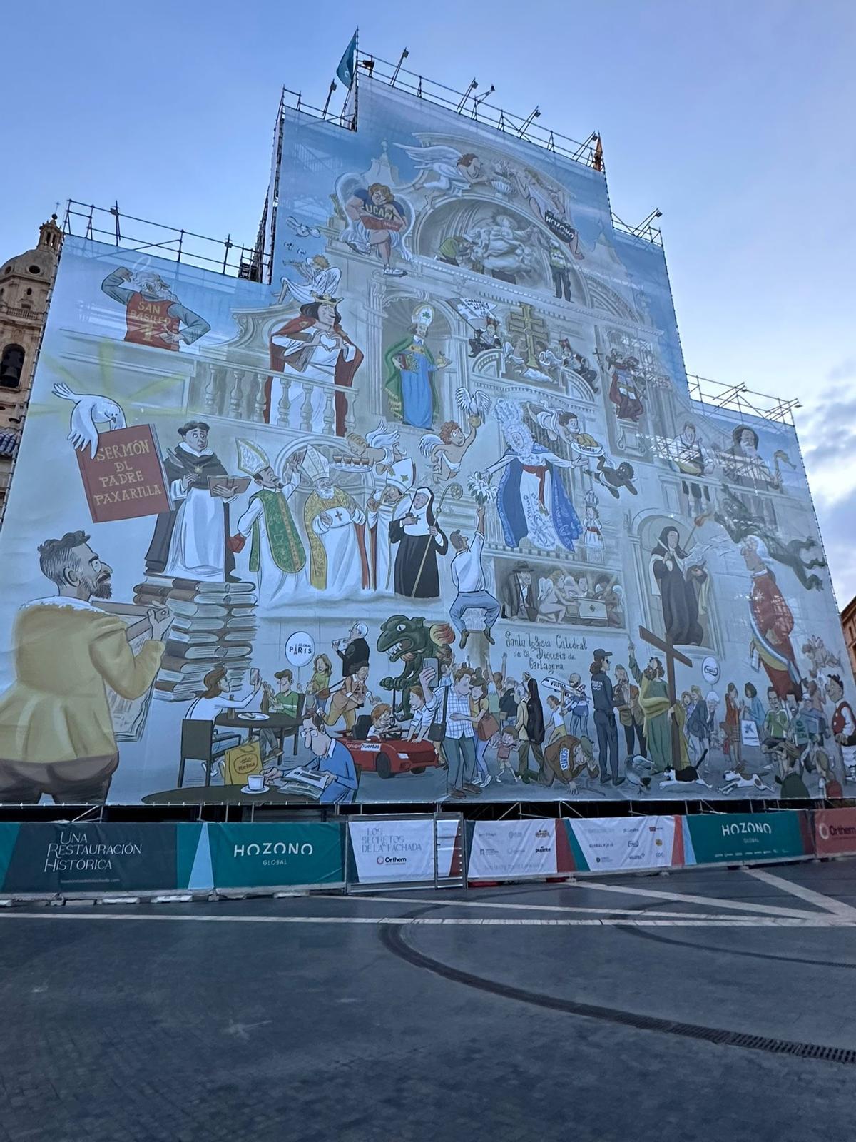 Nueva lona que cubre la fachada de la Catedral de Murcia