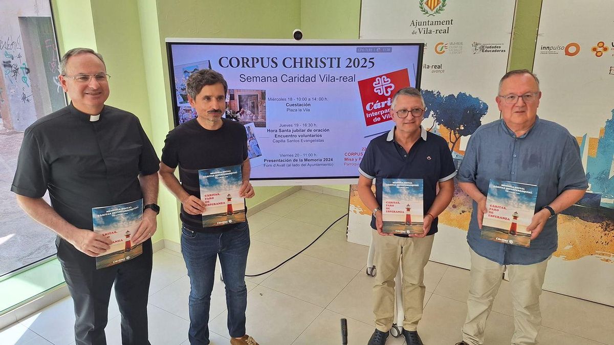 El consiliario de Cáritas Vila-real, Javier Aparici; el edil de Servicios Socialers, Toni Marín; y el director y vicedirector de la entidad social, Enrique Cortés y Vicente Casabó, hicieron balance de las atenciones del 2024.
