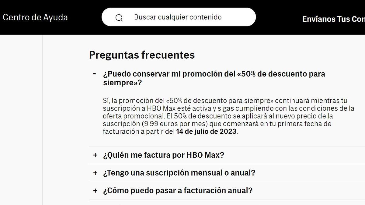 Aclaratorio sobre la promoción &quot;50% para siempre&quot; de HBO Max en la página web de la compañía.