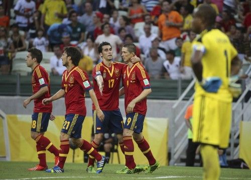 Spain's Arbeloa congratulates his teammate Torres after he scored a goal during their Confederations Cup Group B soccer match against Nigeria in Fortaleza