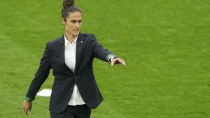Spain head coach Montserrat Tome walks on the pitch ahead of the Womens Euro 2025 final soccer match between England and Spain at St. Jakob-Park in Basel, Switzerland, Sunday, July 27, 2025. (AP Photo/Michael Probst) Associated Press / LaPresse Only italy and spain. EDITORIAL USE ONLY/ONLY ITALY AND SPAIN