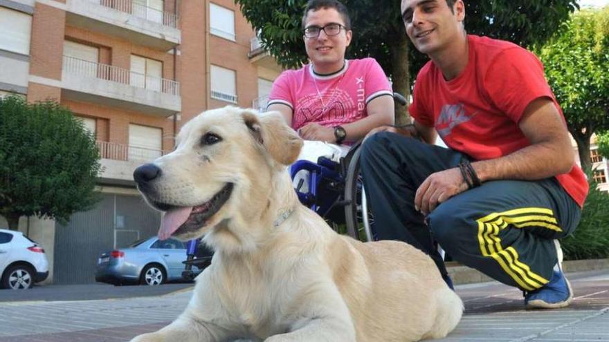 Óscar Maniega con Fernando, un joven discapacitado en silla de ruedas, y el perro &quot;Bongo&quot; en Benavente.
