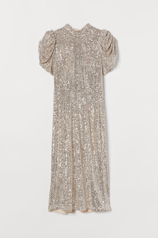 Vestido de lentejuelas beige con manga abullonada, de H&M