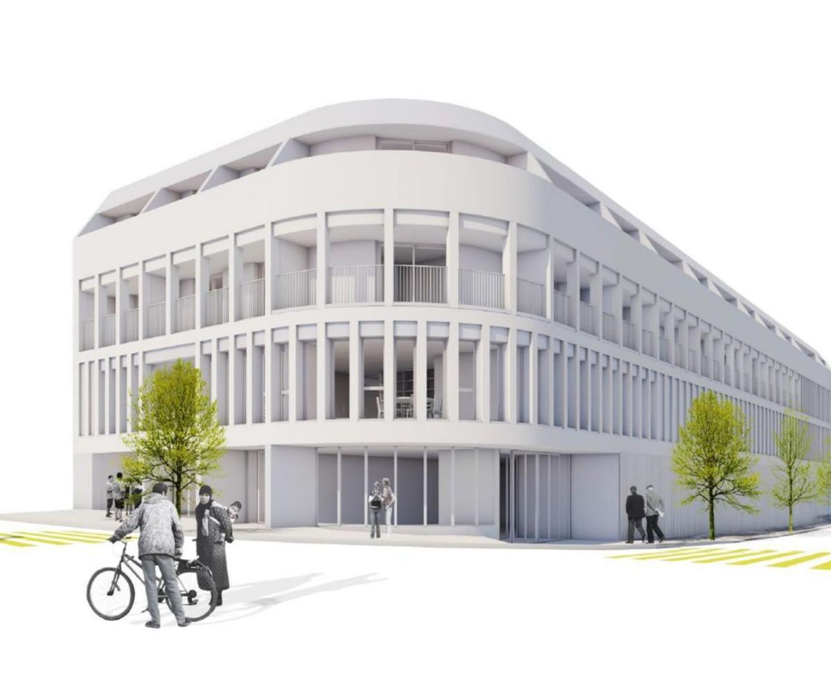 Aspecto final elegido para la fachada de hormigón, con la entrada del público. |   // LCG