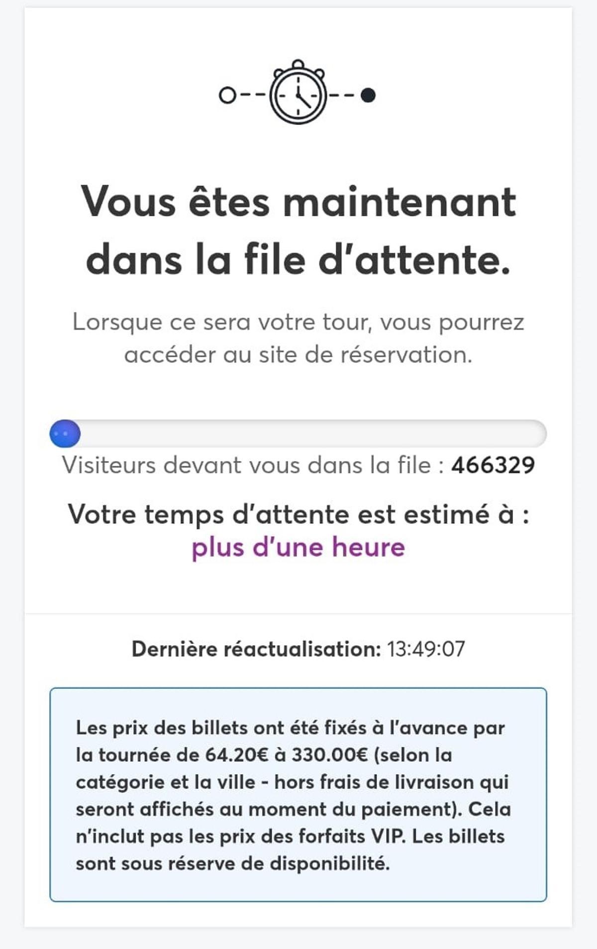 Página de espera en la preventa de entradas para los conciertos de Bad Bunny en Francia.