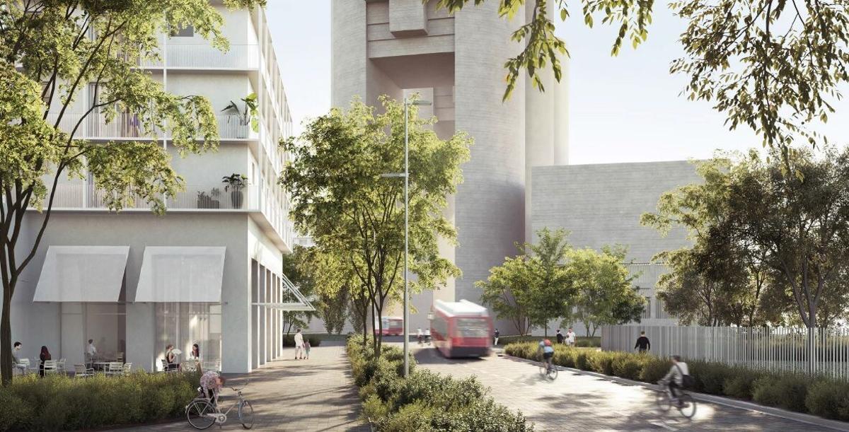 Imagen virtual incluida en el plan urbanístico de las Tres Xemeneies, que recrea el paso de autobuses bajo la antigua central
