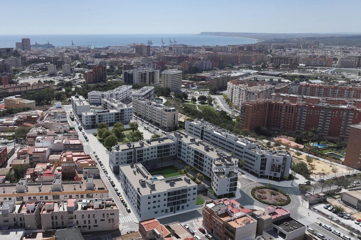 Recreación aérea de la promoción en el nuevo barrio de San Agustín en Alicante.