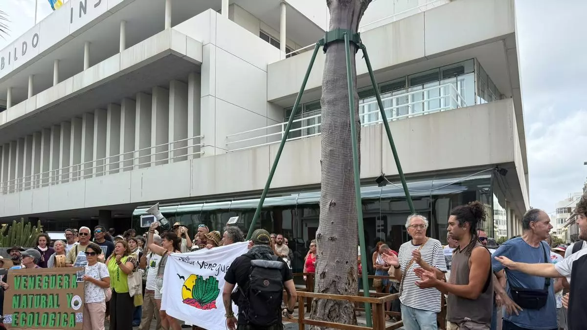 Salvar Veneguera protesta en las puertas del Cabildo de Gran Canaria para que frenen las obras en el espacio protegido