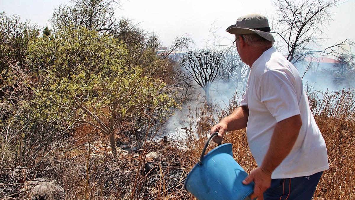 Unapersona lanza un balde agua a unos matorrales quemados durante el incendo  de esta semana en La Palma.