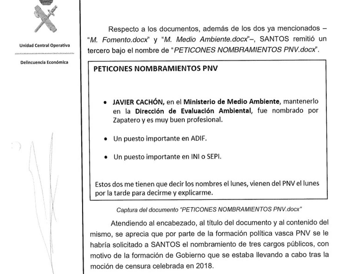 Informe de la UCO con el documento "Peticiones nombramientos PNV"