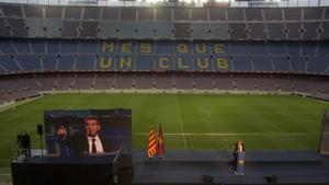 Laporta, durante el discurso de la toma de posesión en el Camp Nou.