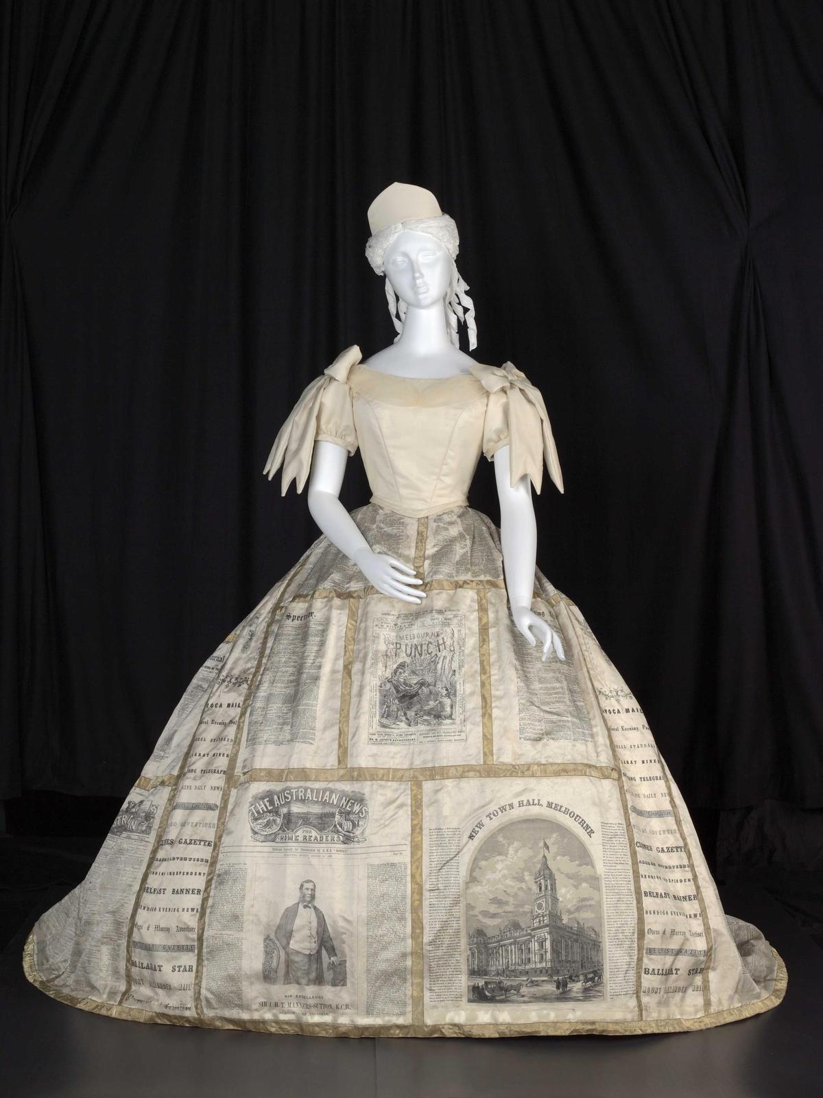 Vestido 'The Press' (La Prensa) es una famosa prenda histórica de Melbourne, utilizada por Matilda Butters en septiembre de 1866 durante el baile de disfraces.