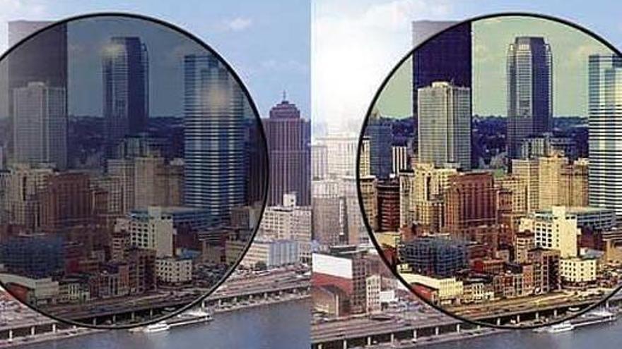 El mundo visto a través de una gafa de sol convencional (izquierda) y de una desarrollada a partir de tecnología espacial (derecha).