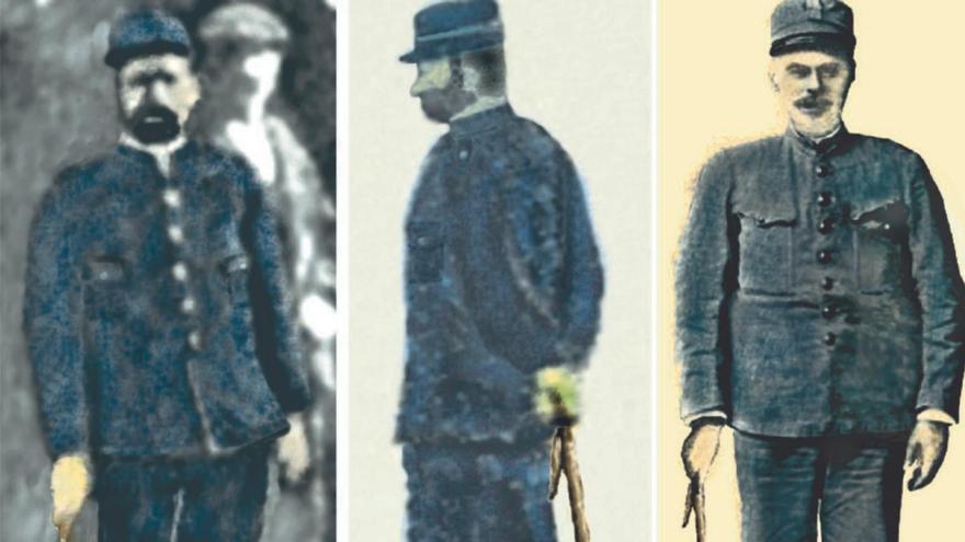 Gardas municipais de Cangas en 1901 e 1910 extraídos de fotos da época e un garda doutro concellos galego con uniformidade semellante.