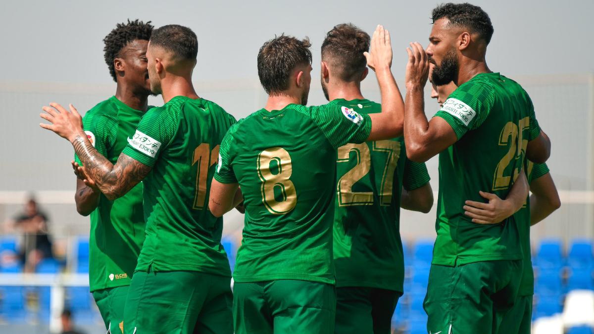 Los jugadores del Elche en la celebración de un gol