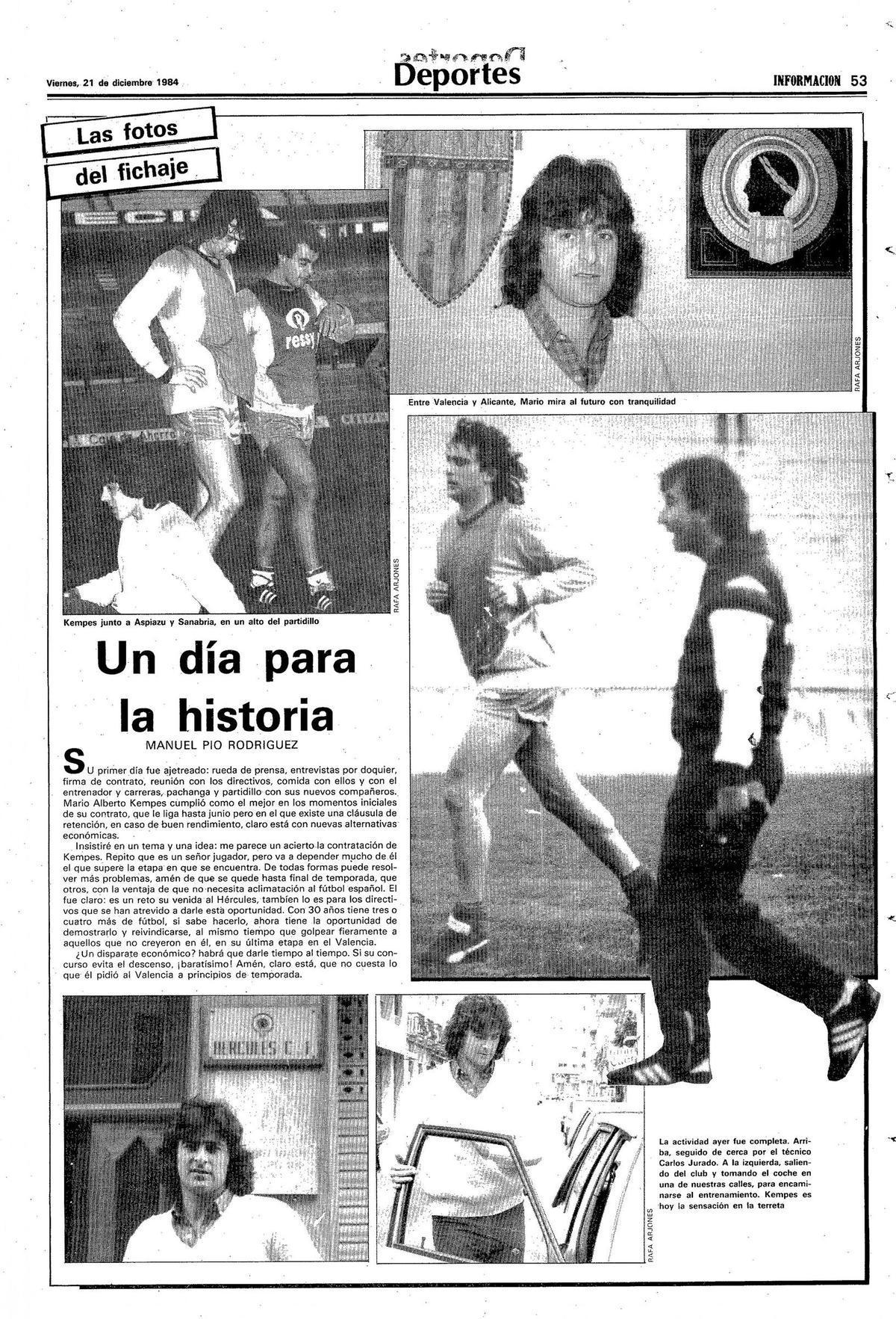 Reseña en INFORMACIÓN del primer entrenamiento de Kempes en el Hércules. En una de las imágenes se los ve a ambos juntos.