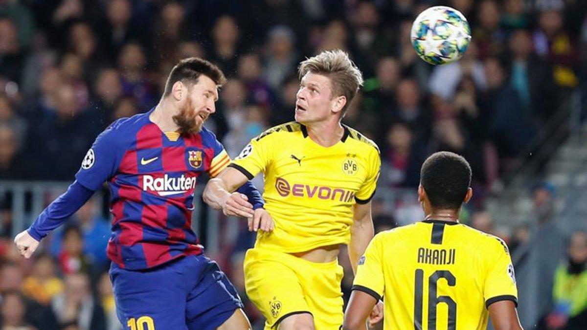 Messi, en una acción del FC Barcelona - Borussia Dortmund, en el que el equipo azulgrana logró la victoria 99 en el Camp Nou en Champions League