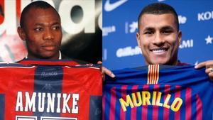 El nigeriano Amunike y el colombiano Murillo, en sus respectivas presentaciones como jugadores del Barça.