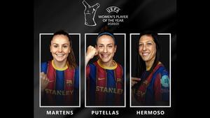 Martens, Putellas y Hermoso, las tres azulgranas copan el podio de aspirantes a mejor jugadora de Europa. 