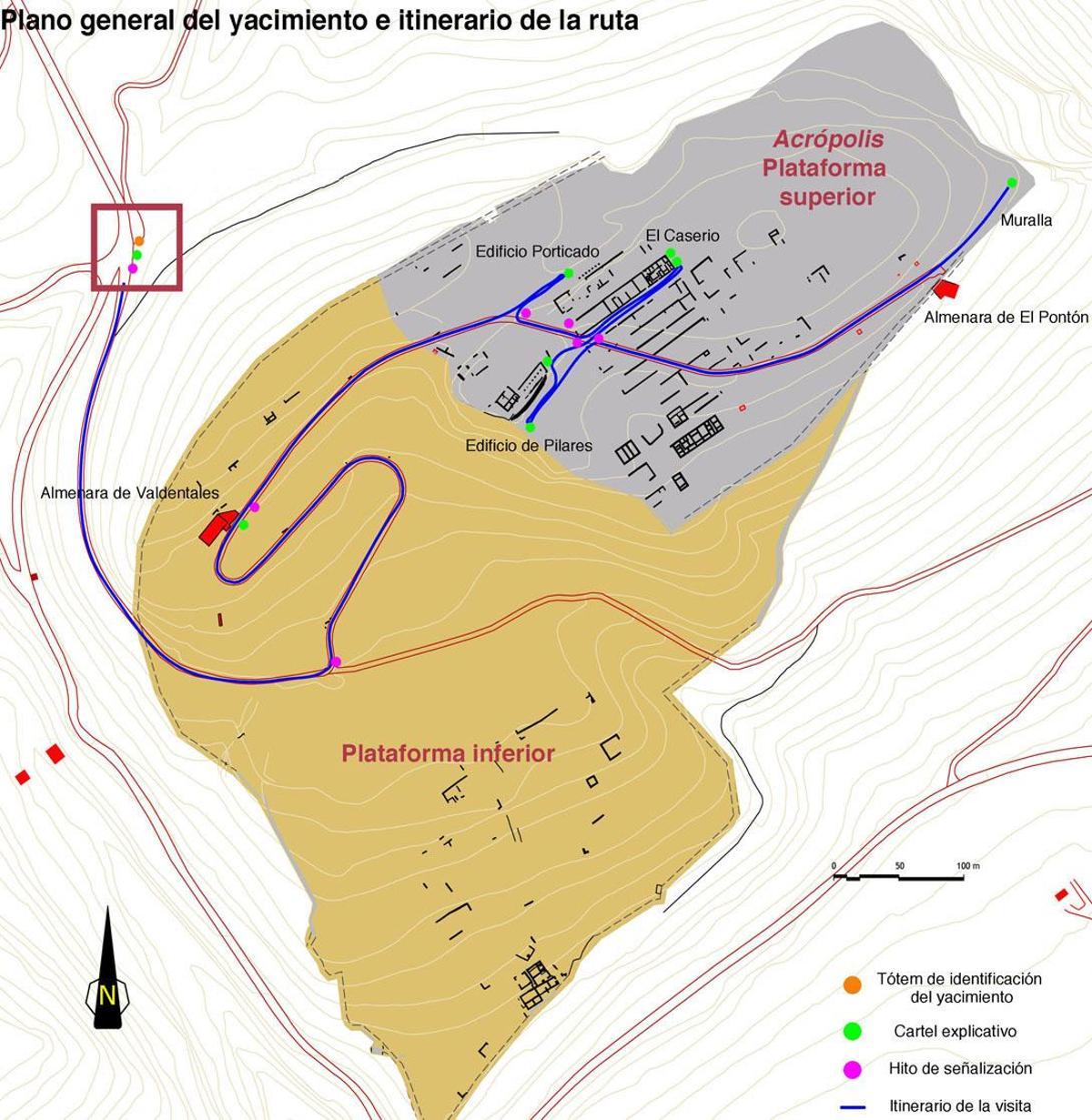 Plano general del yacimiento e itinerario de la ruta
