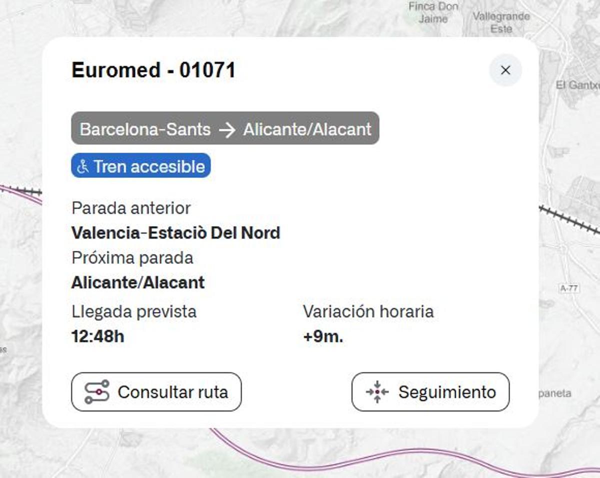 La información que se puede consultar en tiempo real de cada tren