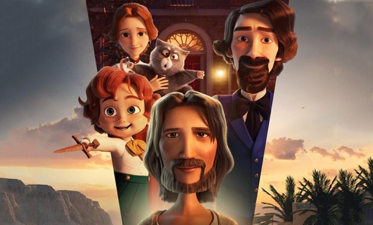 Dickens, su mujer Catherine Hogarth, uno de sus 10 hijos y Jesús, en el cartel promocional de la película.