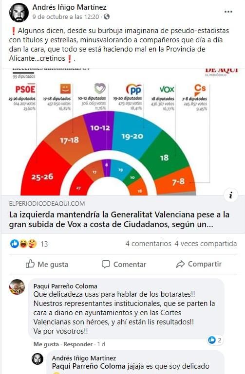 Pantallazo de un perfil en una red social de un componente de la gestora provincial de Vox, donde los denunciantes aseguran que se lanzan insultos al militar retirado Manuel Mestre, integrado en la candidatura de Rafael Ramos. 