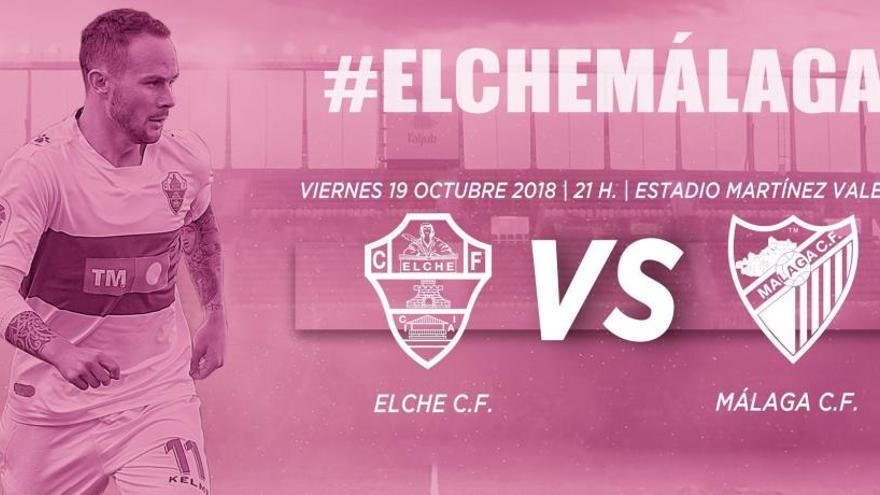 Cartel del partido frente al Málaga con el fondo rosa
