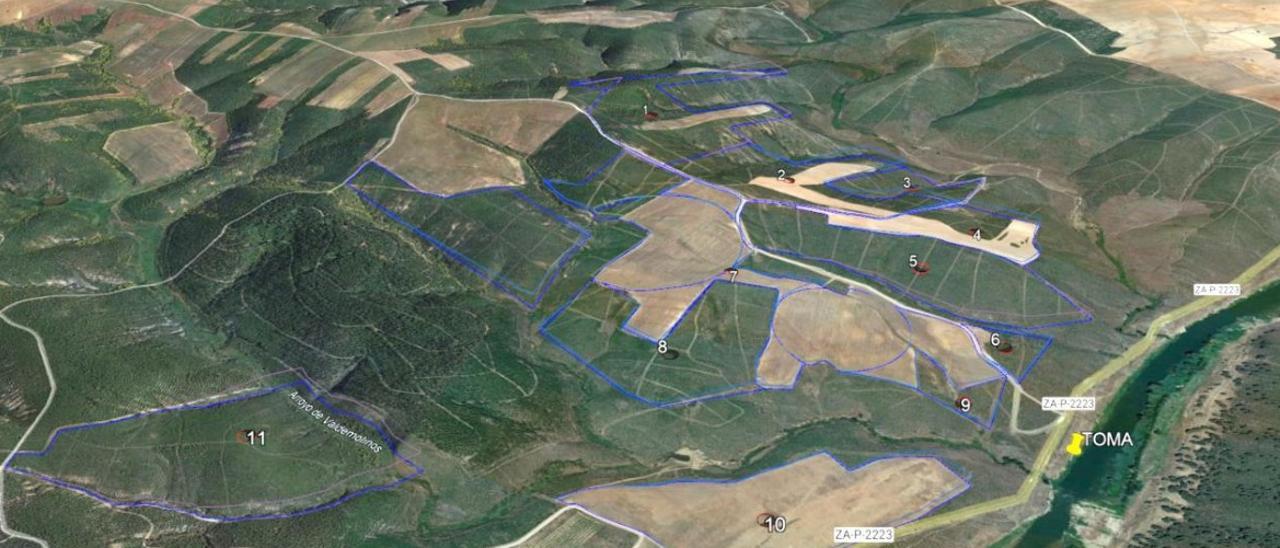 Imagen virtual de la finca y de la infraestructura de riego proyectada para su cultivo