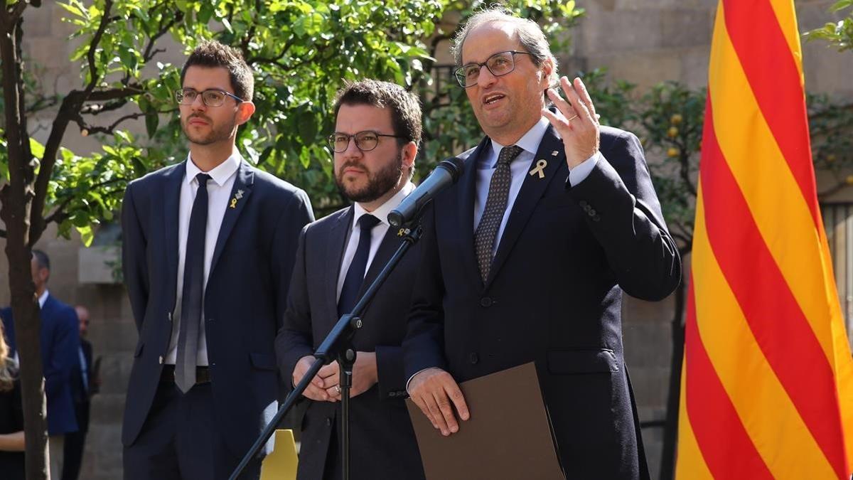 El 'president', Quim Torra, durante su intervención en el acto de este sábado en el Palau de la Generalitat.