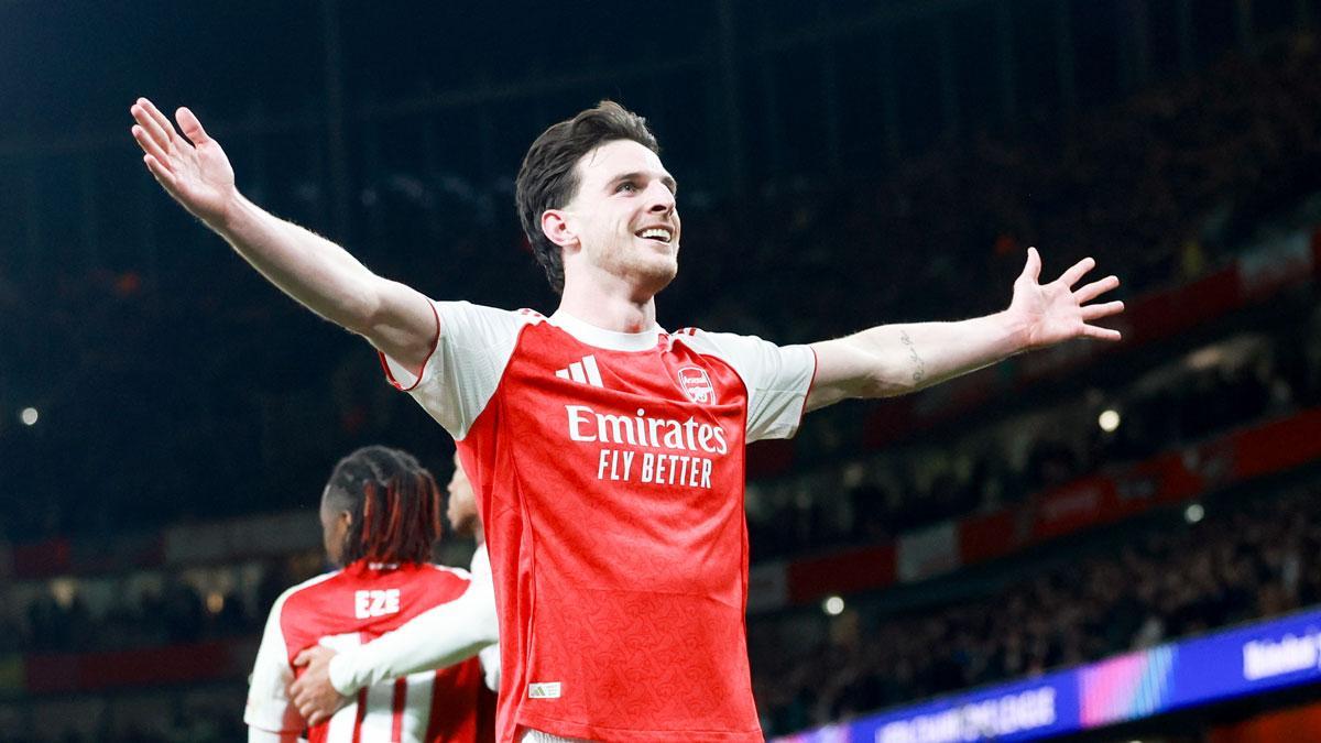 Rice celebra su gol contra el Leverkusen