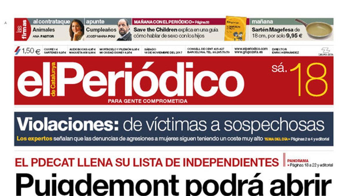 La portada de EL PERIÓDICO del 18 de noviembre del 2017.