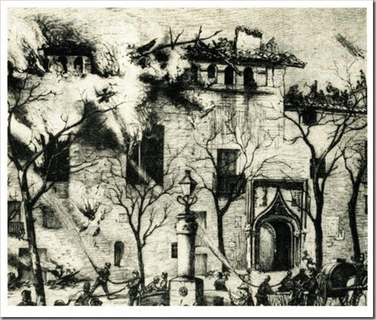 Incendio del antiguo palacio gótico Mossen Sorell, situado donde ahora se encuentra uno de los mercados del Carmen.