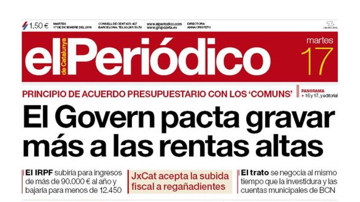 La portada de EL PERIÓDICO del 17 de diciembre del 2019.