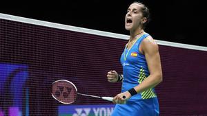 Nanjing (China), 04/08/2018.- Carolina Marin of Spain reacts during her women’s singles semi-final match against He Bingjiao of China at the 2018 BWF (Badminton World Federation) World Championships in Nanjing, China, 04 August 2018. (España) EFE/EPA/YANGBO CHINA OUT