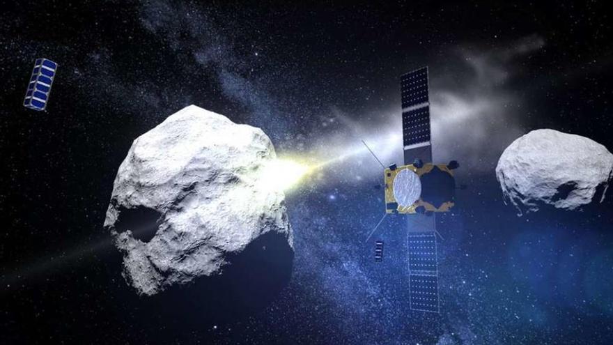 La roca principal del asteroide Didymos, flanqueada por la sonda AIM y un &quot;cubesat&quot; como el que diseñará Vigo. // ESA/