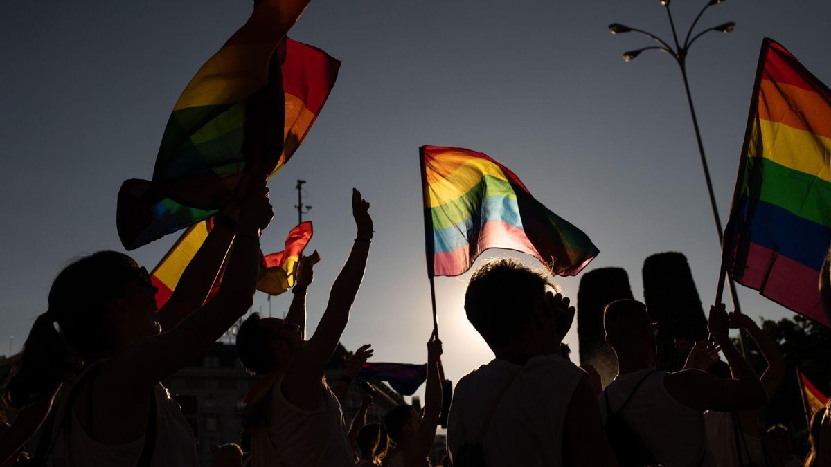 Varias personas con banderas LGTBI durante la manifestación estatal del Orgullo LGTBI+ 2024.