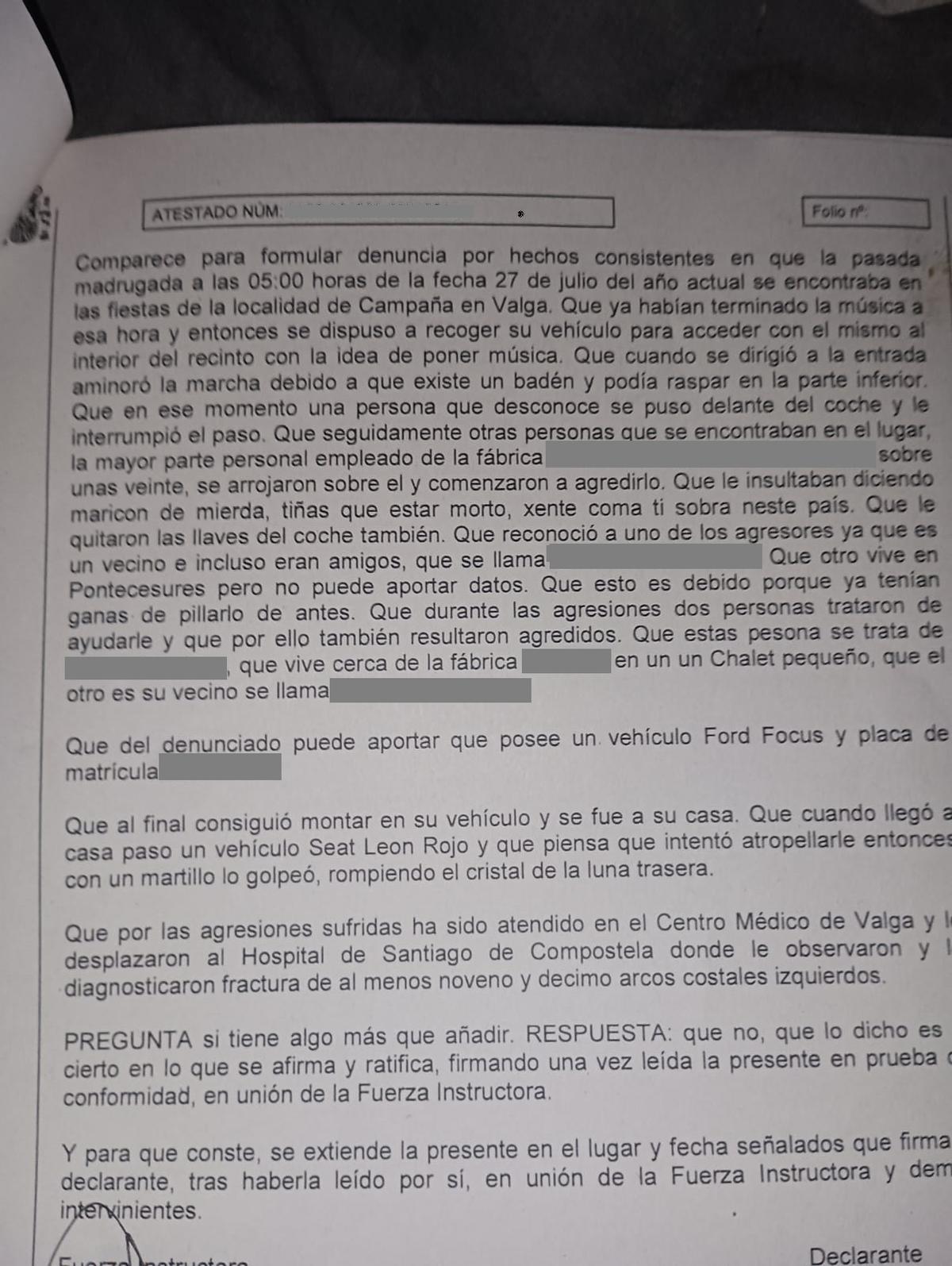 La denuncia presentada por el agredido ante la Guardia Civil.