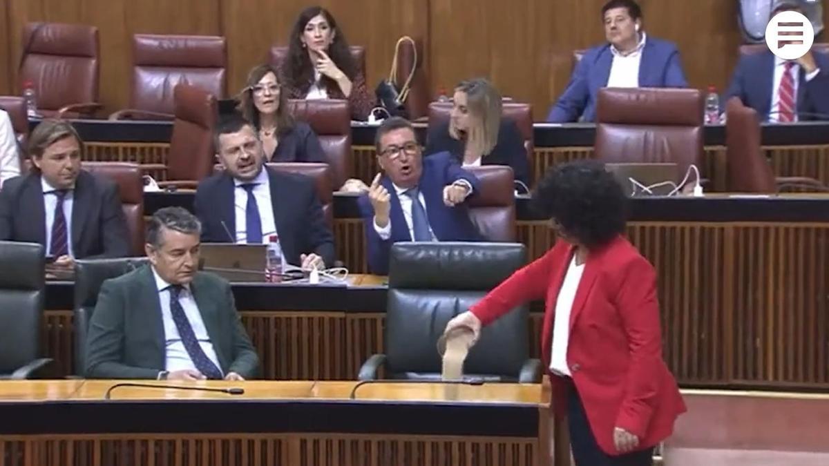 Maribel Mora (Adelante Andalucía) echa arena de Doñana sobre el escaño de Juanma Moreno