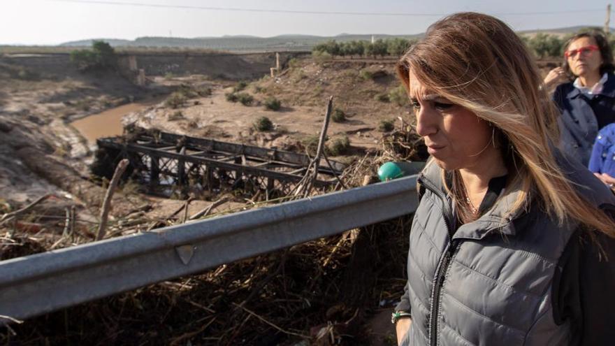 La presidenta andaluza, Susana Díaz, observa desde el puente romano del río Blanco, situado entre los términos de Osuna y Aguadulce, el puente ferroviario sobre el mismo río, que une Málaga y Sevilla, y que se llevó la corriente del agua cuando subió el nivel habitual hasta 15 metros