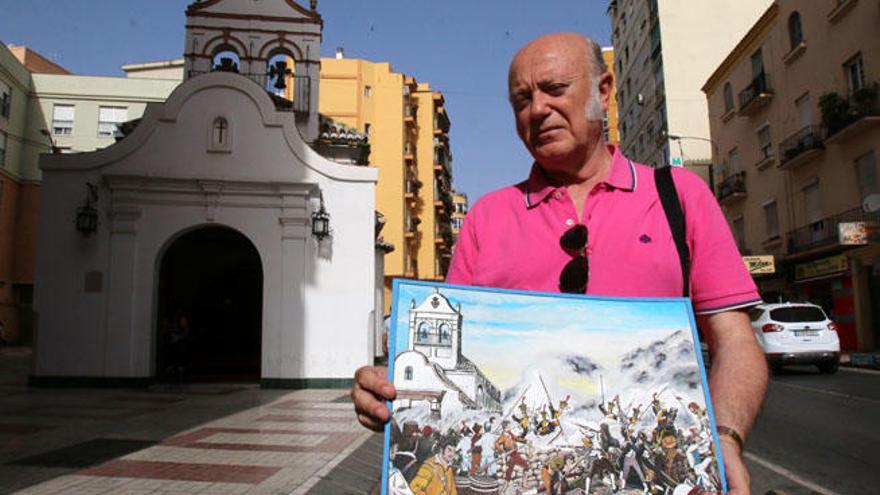 Esteban Alcántara, delante de la ermita de Zamarrilla, con un dibujo de la misma zona durante la carga de los lanceros polacos en 1810.