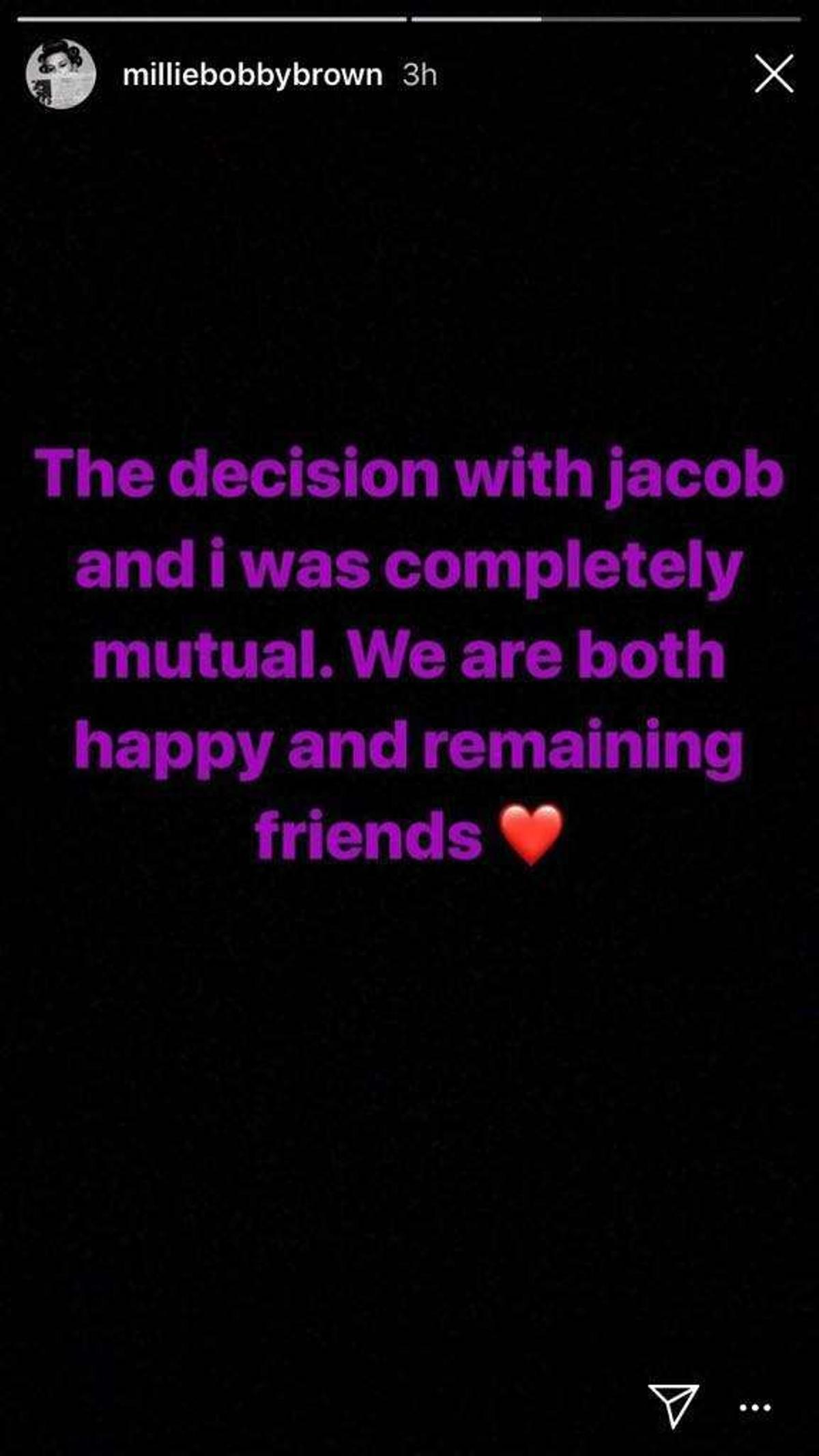 Publicación de Instagram de Millie Bobby Brown sobre su ruptura